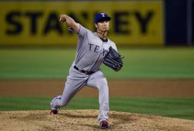 Darvish pitching against the A's in game one of their series.